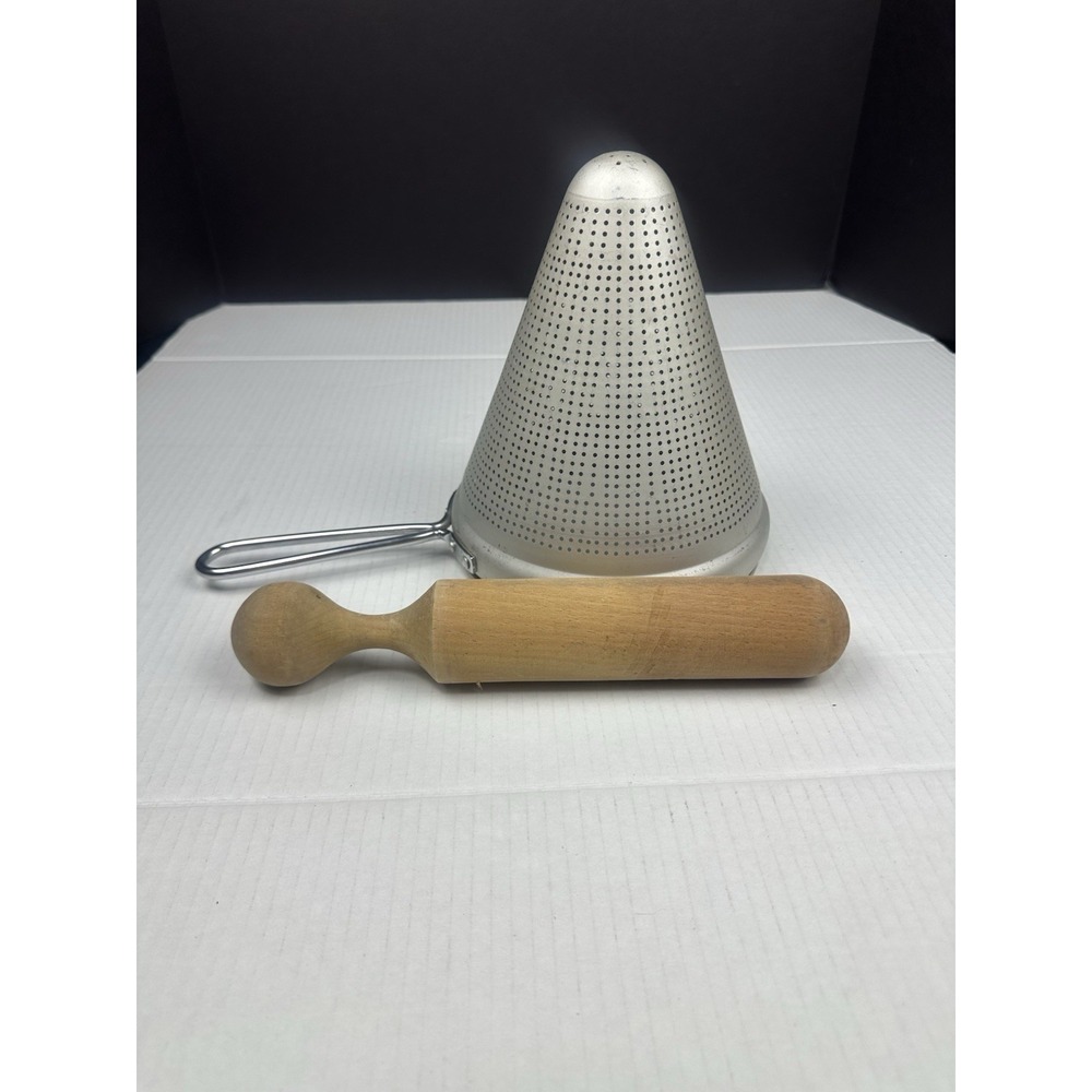 Vintage Ricer Sieve Food Mill Colander Strainer & Wooden Masher Sifter